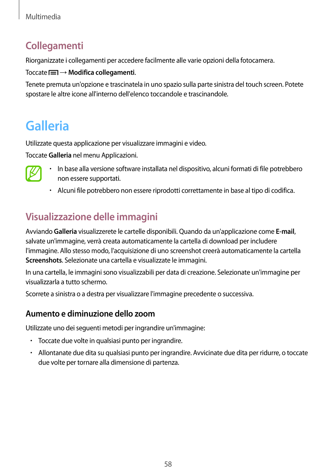 Samsung GT-S5280LKAITV manual Galleria, Collegamenti, Visualizzazione delle immagini, Aumento e diminuzione dello zoom 