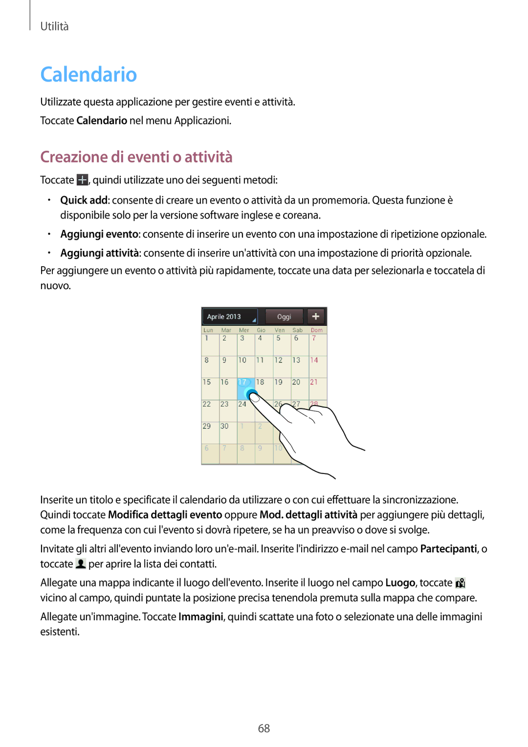 Samsung GT-S5280LKAITV, GT-S5280RWAITV manual Calendario, Creazione di eventi o attività 