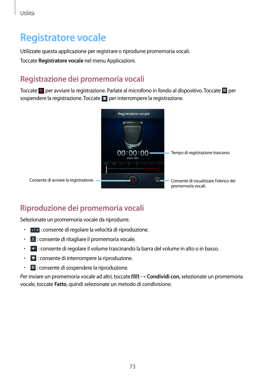 Samsung GT-S5280RWAITV manual Registratore vocale, Registrazione dei promemoria vocali, Riproduzione dei promemoria vocali 