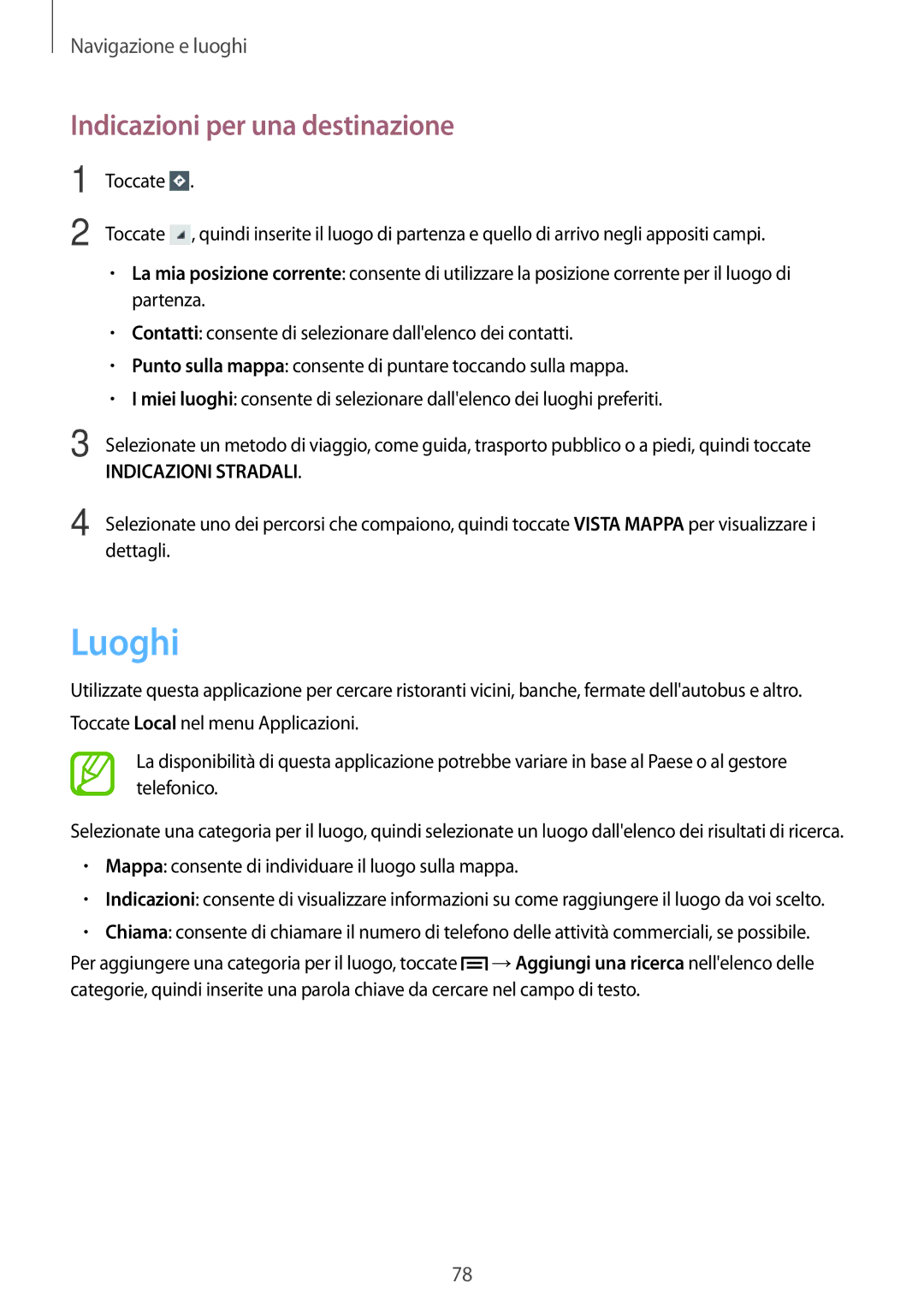 Samsung GT-S5280LKAITV, GT-S5280RWAITV manual Luoghi, Indicazioni per una destinazione 