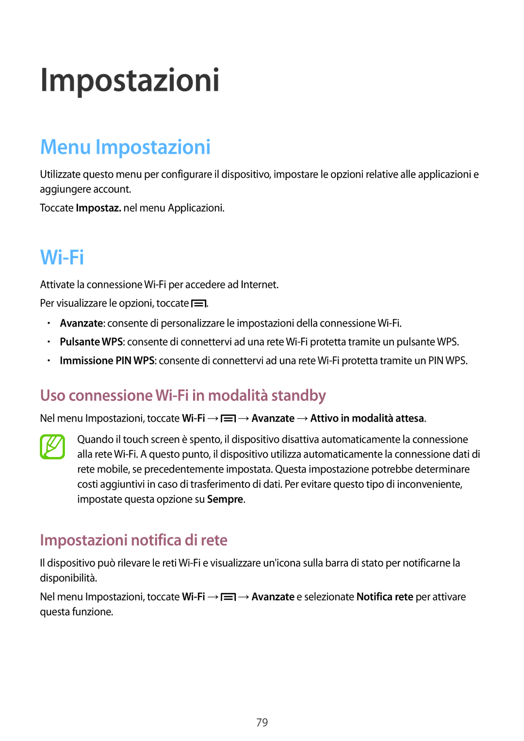 Samsung GT-S5280RWAITV Menu Impostazioni, Uso connessione Wi-Fi in modalità standby, Impostazioni notifica di rete 