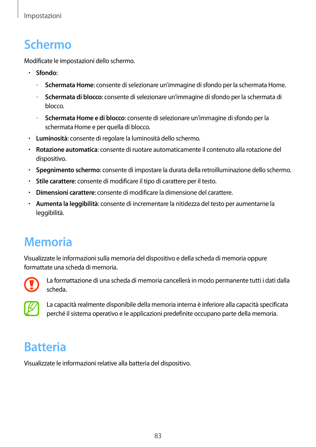 Samsung GT-S5280RWAITV, GT-S5280LKAITV manual Schermo, Memoria, Batteria, Sfondo 