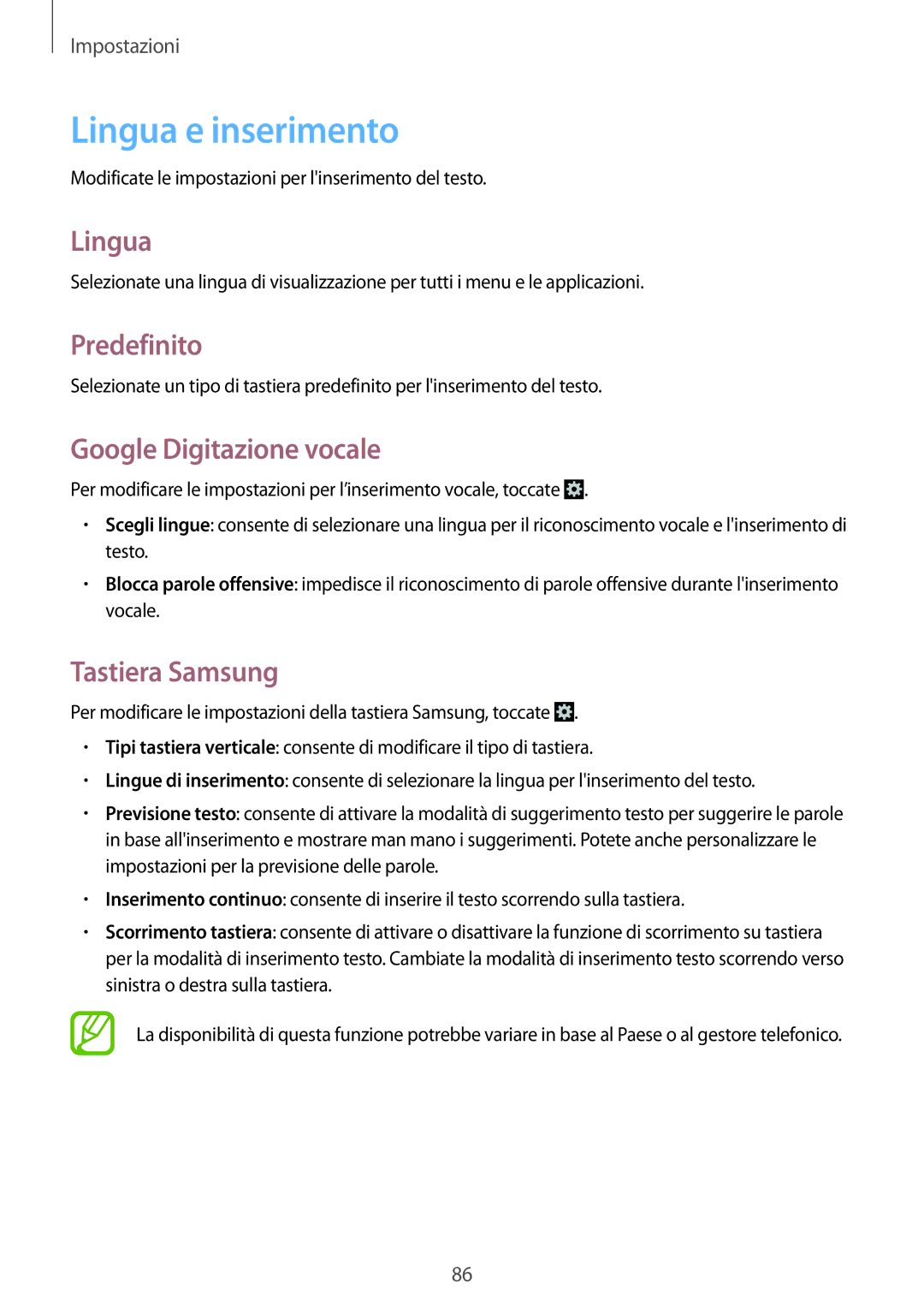 Samsung GT-S5280LKAITV, GT-S5280RWAITV manual Lingua e inserimento, Predefinito, Google Digitazione vocale, Tastiera Samsung 