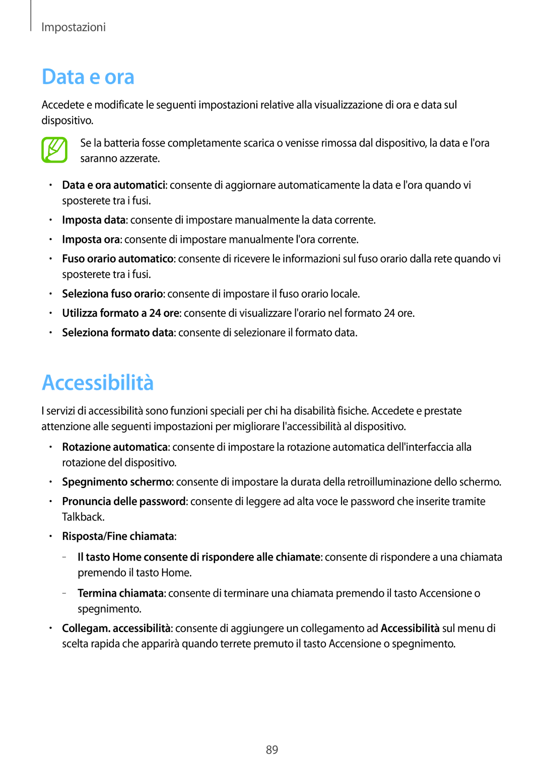 Samsung GT-S5280RWAITV, GT-S5280LKAITV manual Data e ora, Accessibilità 