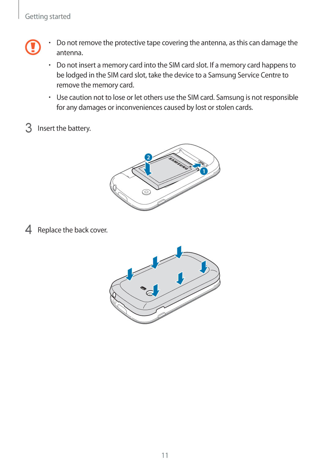 Samsung GT-S5280RWATMN, GT-S5280LKAITV, GT-S5280RWAMOC, GT-S5280LKATPH manual Insert the battery Replace the back cover 