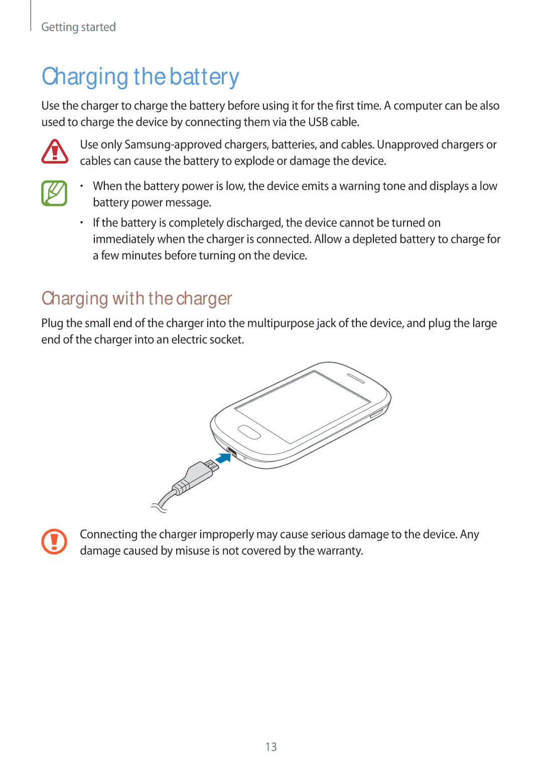 Samsung GT-S5280RWAXEF, GT-S5280LKAITV, GT-S5280RWAMOC, GT-S5280LKATPH manual Charging the battery, Charging with the charger 