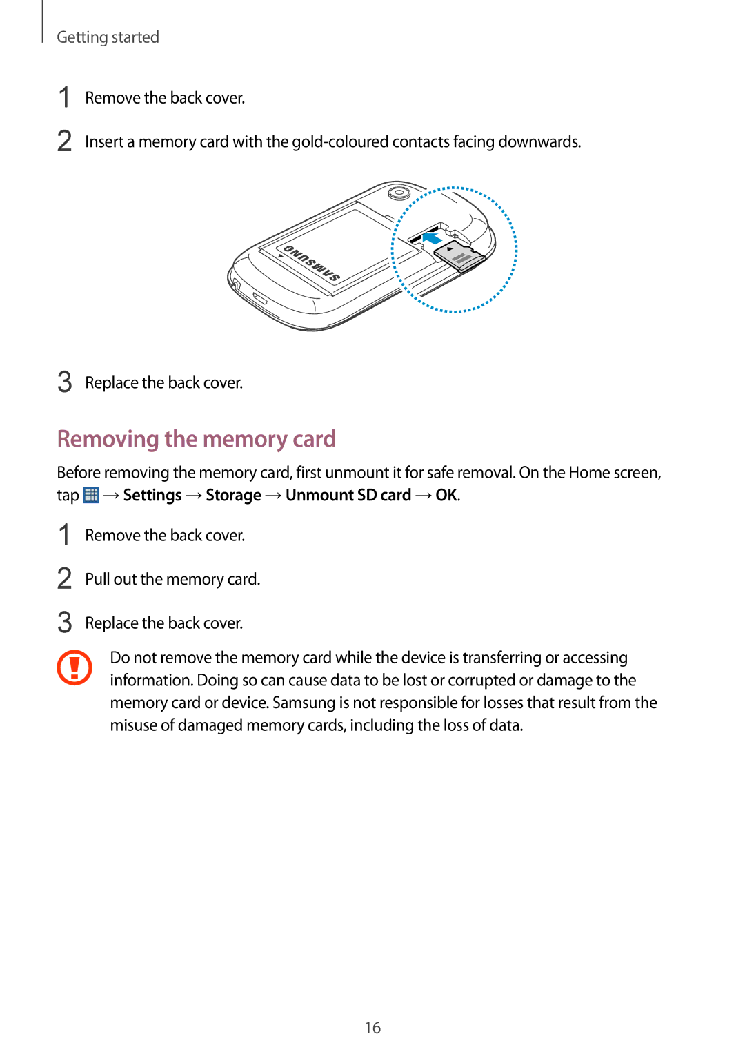 Samsung GT-S5280LKAORX, GT-S5280LKAITV, GT-S5280RWAMOC, GT-S5280LKATPH, GT-S5280RWADBT manual Removing the memory card 