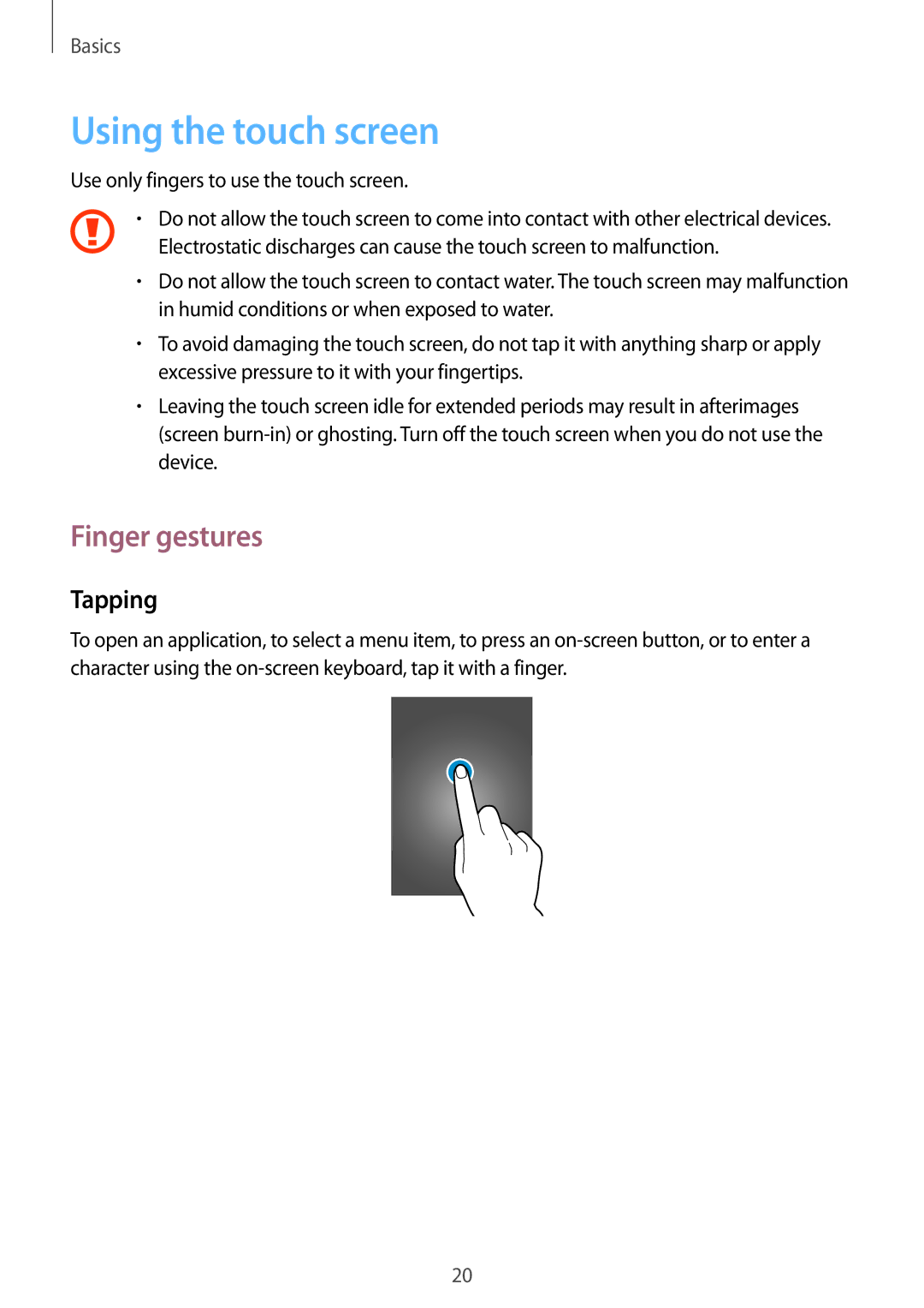 Samsung GT-S5280RWADBT, GT-S5280LKAITV, GT-S5280RWAMOC, GT-S5280LKATPH manual Using the touch screen, Finger gestures, Tapping 