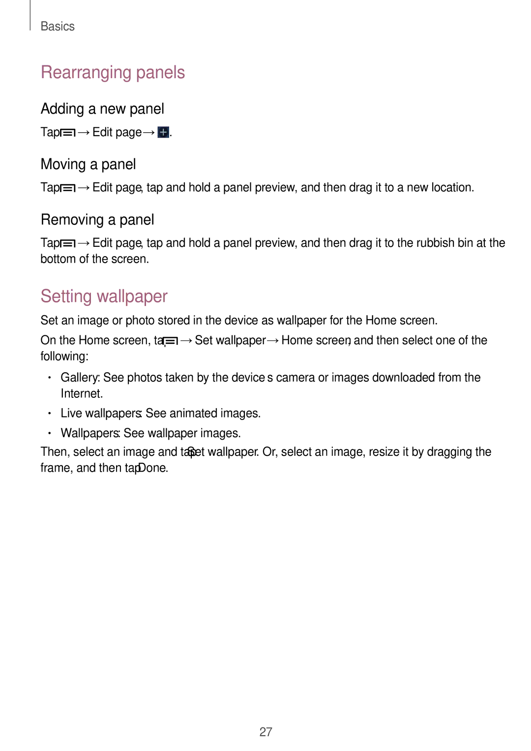 Samsung GT2S5280LKADBT manual Rearranging panels, Setting wallpaper, Adding a new panel, Moving a panel, Removing a panel 