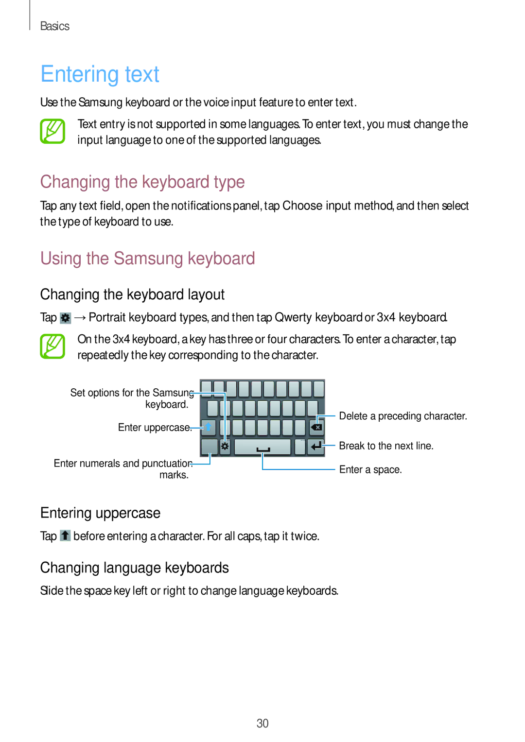 Samsung GT-S5280RWAXEF, GT-S5280LKAITV manual Entering text, Changing the keyboard type, Using the Samsung keyboard 