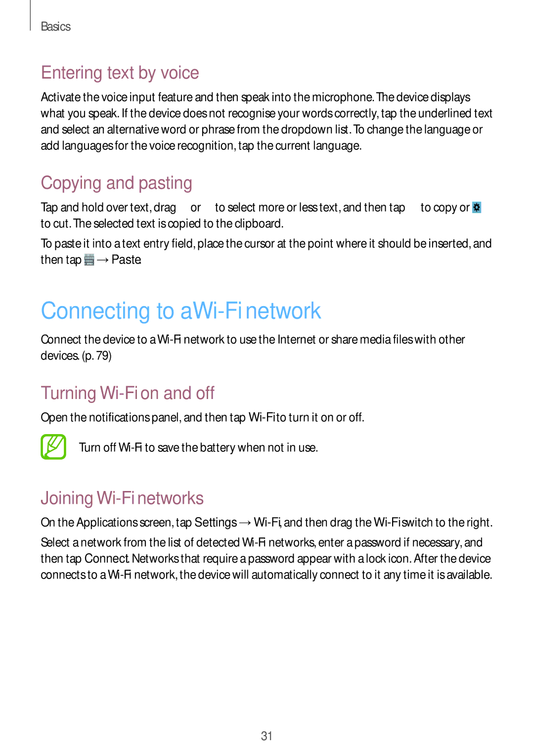 Samsung GT-S5280LKAXEF Connecting to a Wi-Fi network, Entering text by voice, Copying and pasting, Joining Wi-Fi networks 