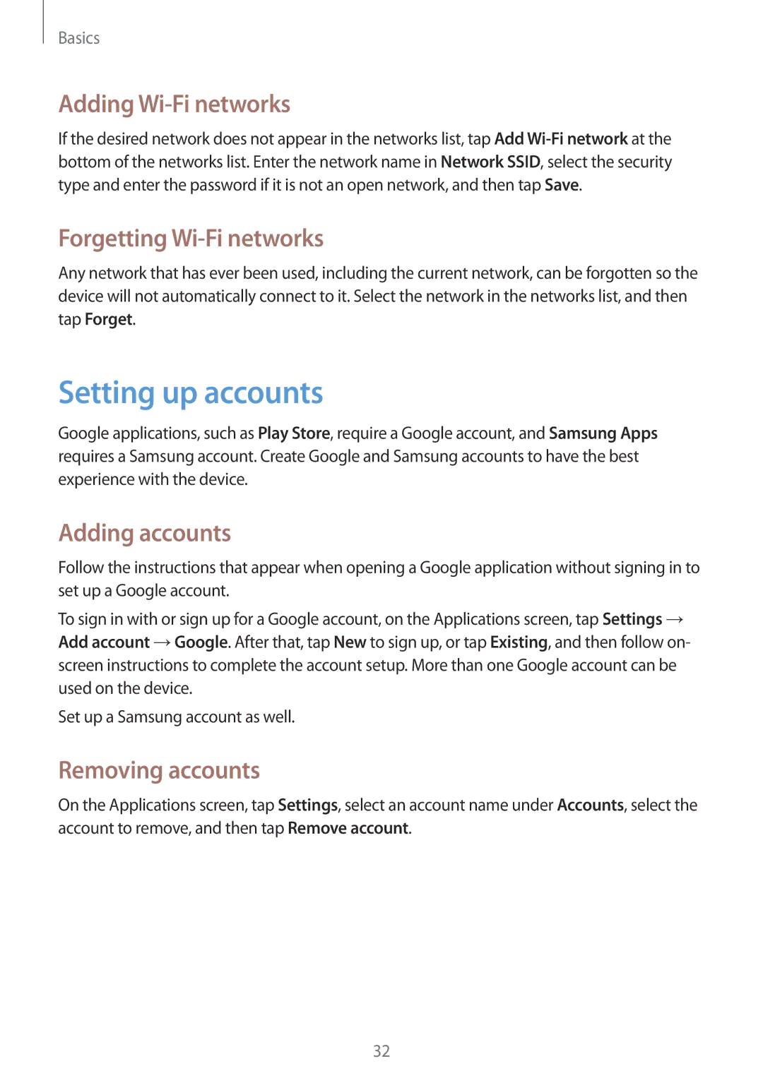 Samsung GT-S5280RWAORX manual Setting up accounts, Adding Wi-Fi networks, Forgetting Wi-Fi networks, Adding accounts 