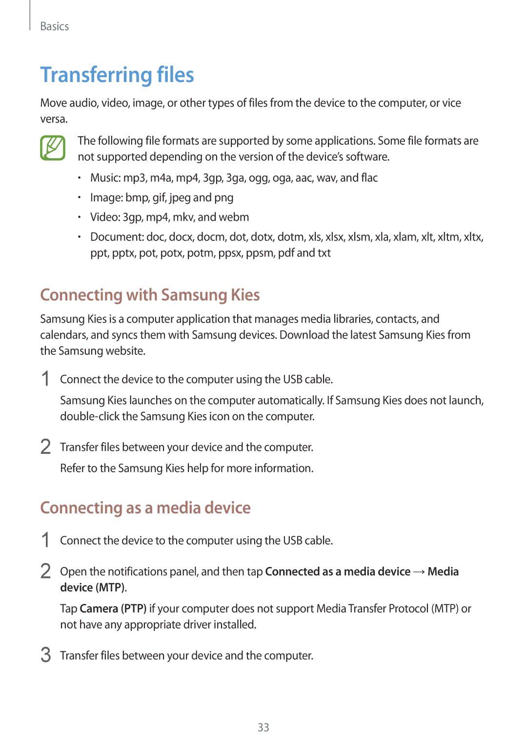 Samsung GT-S5280LKAORX manual Transferring files, Connecting with Samsung Kies, Connecting as a media device, Device MTP 