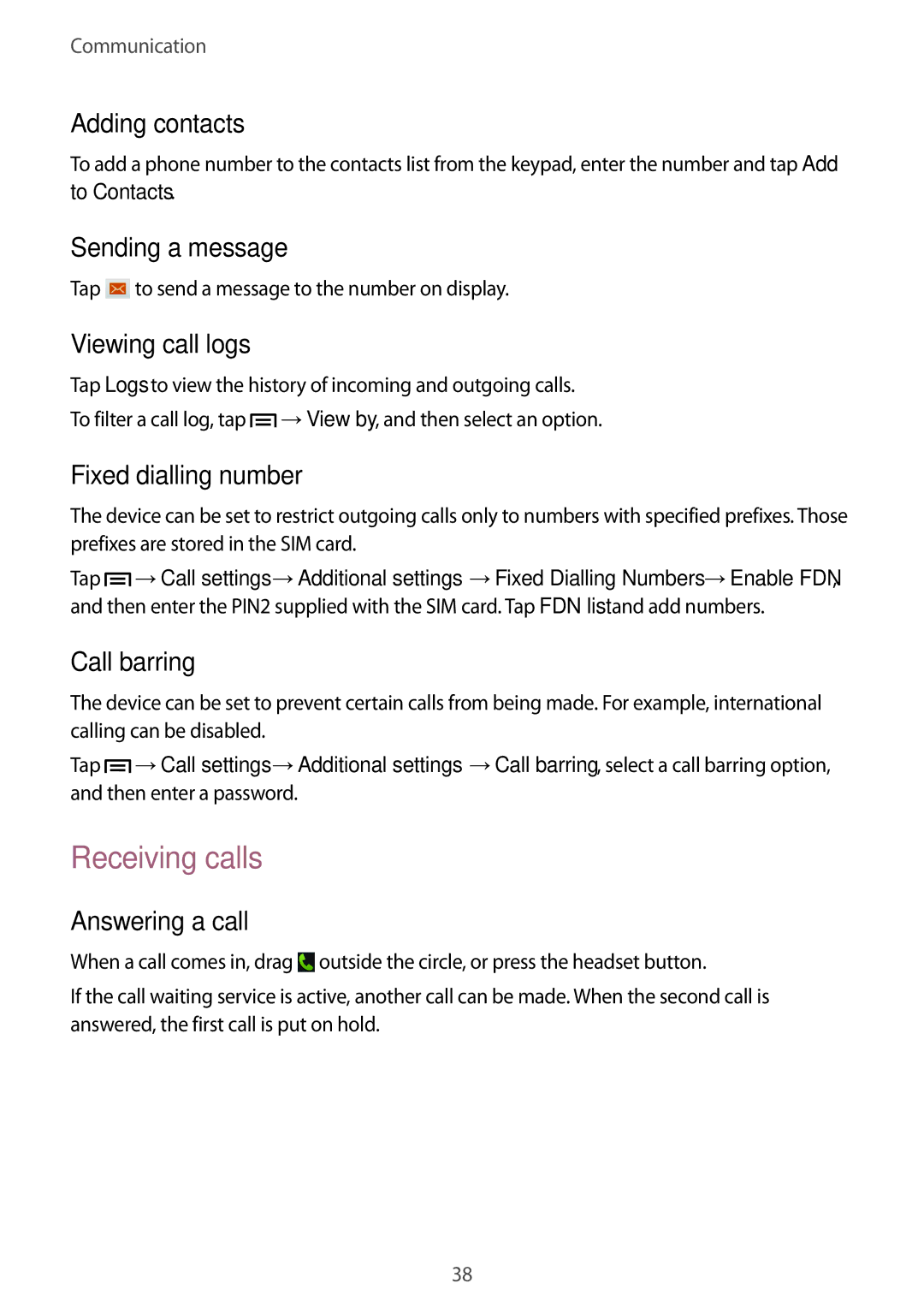 Samsung GT-S5280LKATMN, GT-S5280LKAITV, GT-S5280RWAMOC, GT-S5280LKATPH, GT-S5280RWADBT, GT2S5280RWADBT manual Receiving calls 