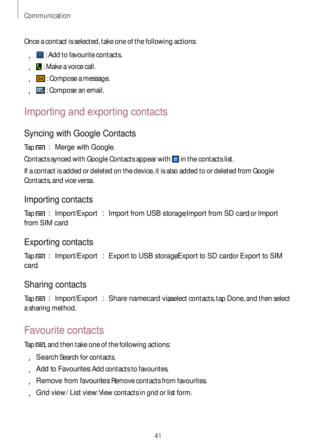 Samsung GT-S5280LKAMOC, GT-S5280LKAITV, GT-S5280RWAMOC, GT-S5280LKATPH Importing and exporting contacts, Favourite contacts 