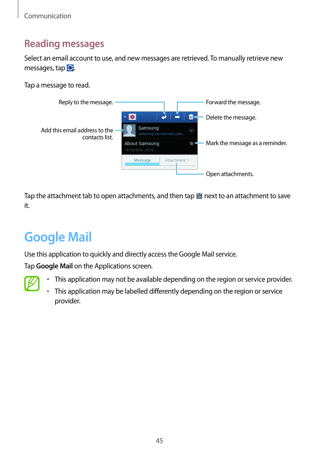 Samsung GT-S5280RWATMN, GT-S5280LKAITV, GT-S5280RWAMOC, GT-S5280LKATPH, GT-S5280RWADBT manual Google Mail, Reading messages 