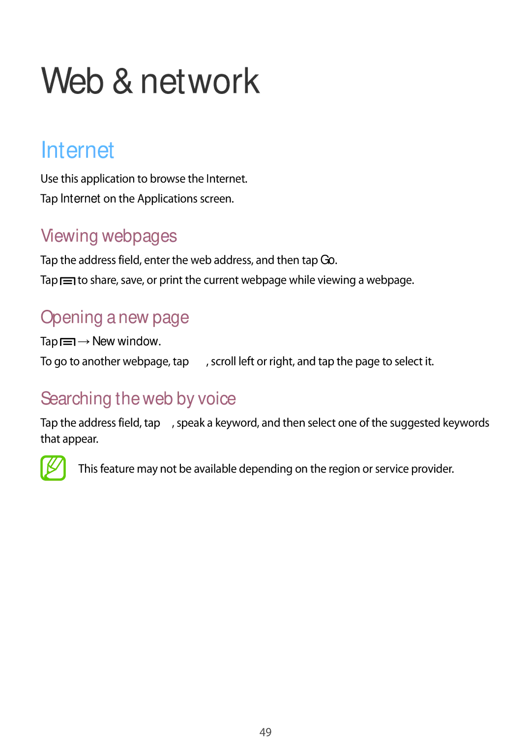 Samsung GT-S5280RWAORX manual Web & network, Internet, Viewing webpages, Opening a new, Searching the web by voice 