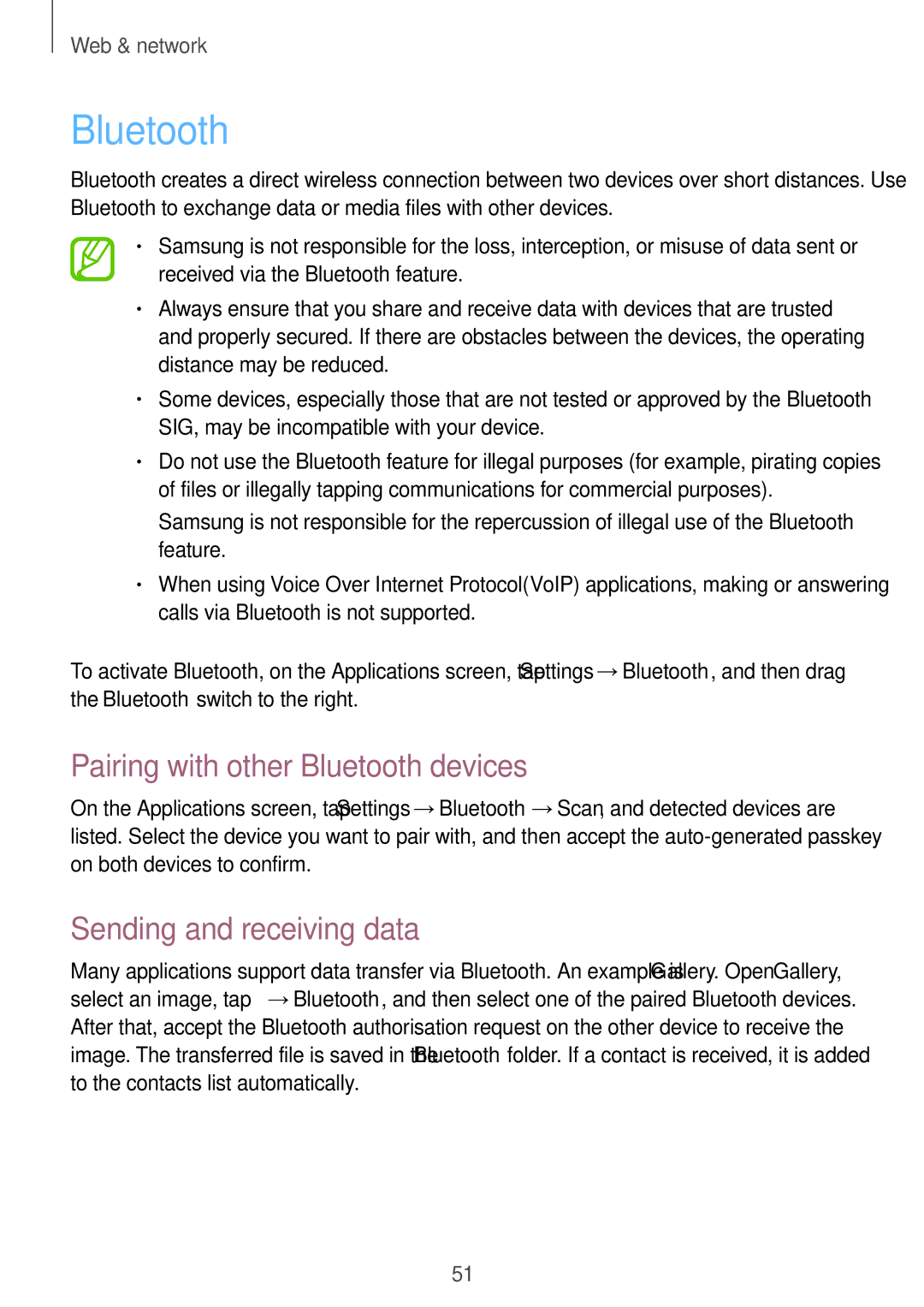 Samsung GT-S5280LKAITV, GT-S5280RWAMOC, GT-S5280LKATPH Pairing with other Bluetooth devices, Sending and receiving data 