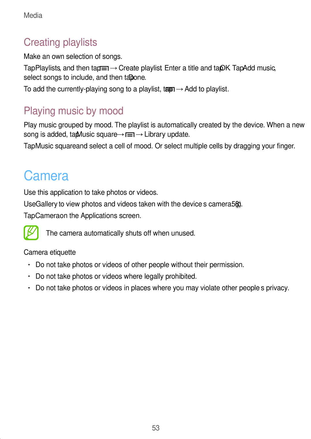 Samsung GT-S5280LKATPH, GT-S5280LKAITV, GT-S5280RWAMOC manual Creating playlists, Playing music by mood, Camera etiquette 