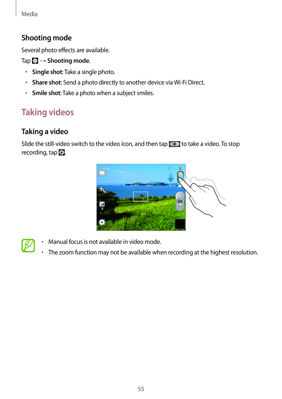 Samsung GT-S5280LKATMN, GT-S5280LKAITV, GT-S5280RWAMOC, GT-S5280LKATPH Taking videos, Taking a video, Tap →Shooting mode 