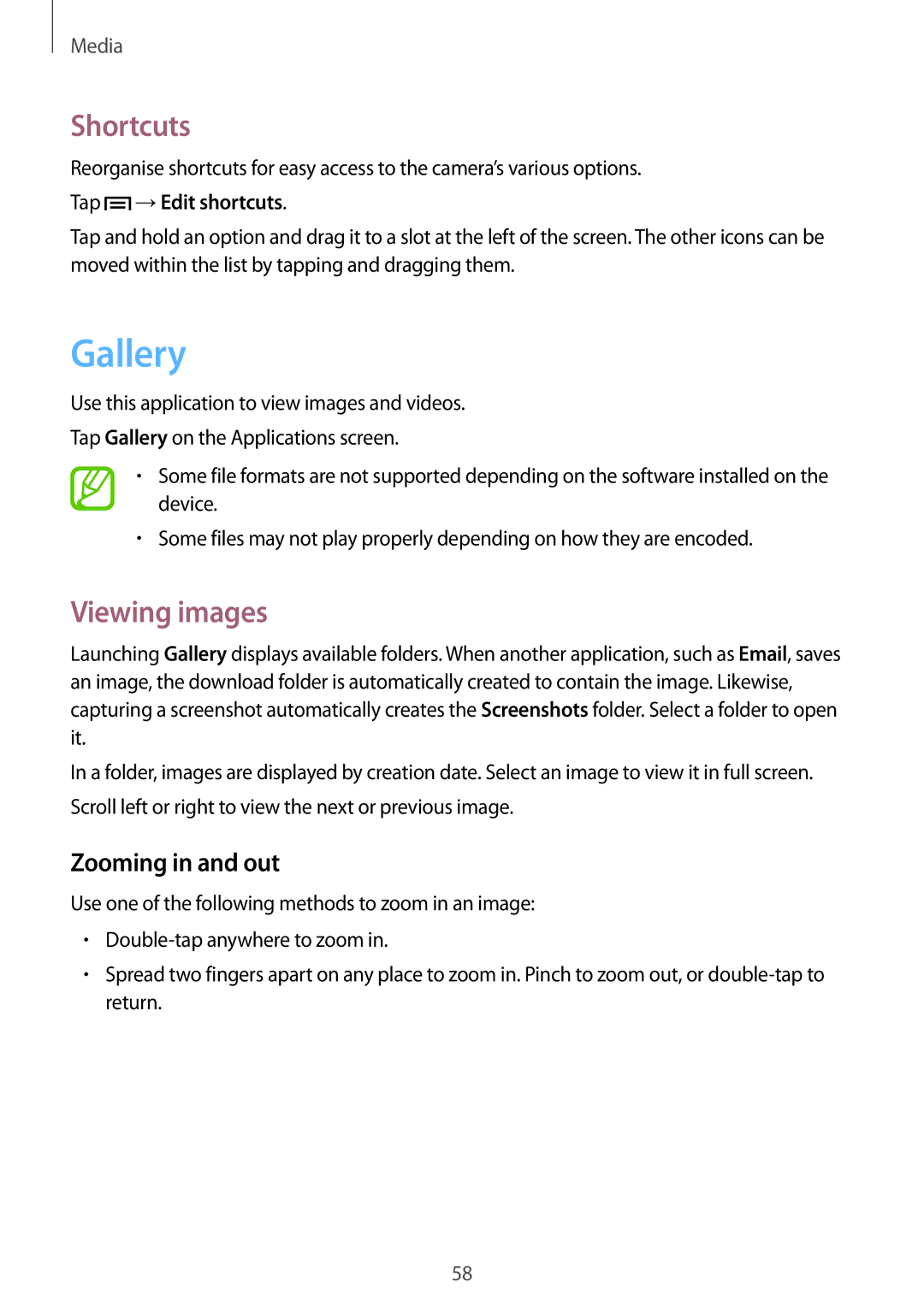 Samsung GT-S5280LKAMOC, GT-S5280LKAITV manual Gallery, Shortcuts, Viewing images, Zooming in and out, Tap →Edit shortcuts 