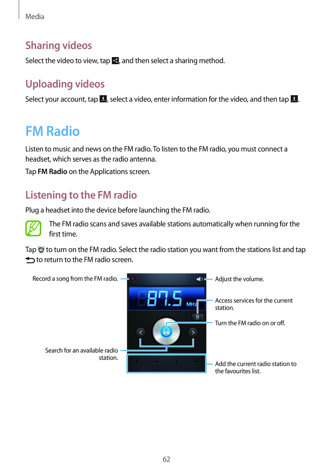 Samsung GT-S5280RWATMN, GT-S5280LKAITV, GT-S5280RWAMOC, GT-S5280LKATPH FM Radio, Uploading videos, Listening to the FM radio 