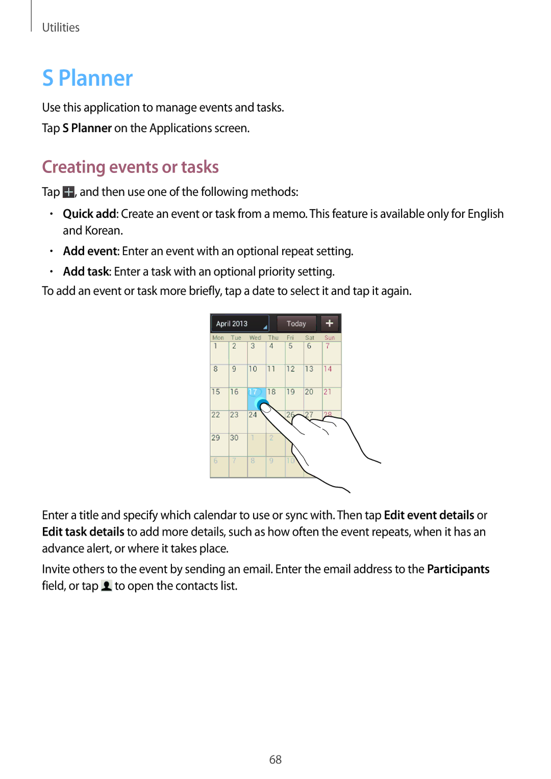 Samsung GT-S5280LKAITV, GT-S5280RWAMOC, GT-S5280LKATPH, GT-S5280RWADBT, GT-S5280LKATMN manual Planner, Creating events or tasks 