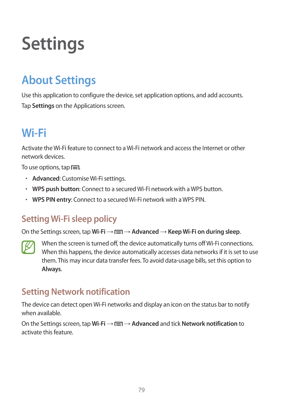 Samsung GT-S5280RWATMN, GT-S5280LKAITV About Settings, Setting Wi-Fi sleep policy, Setting Network notification 