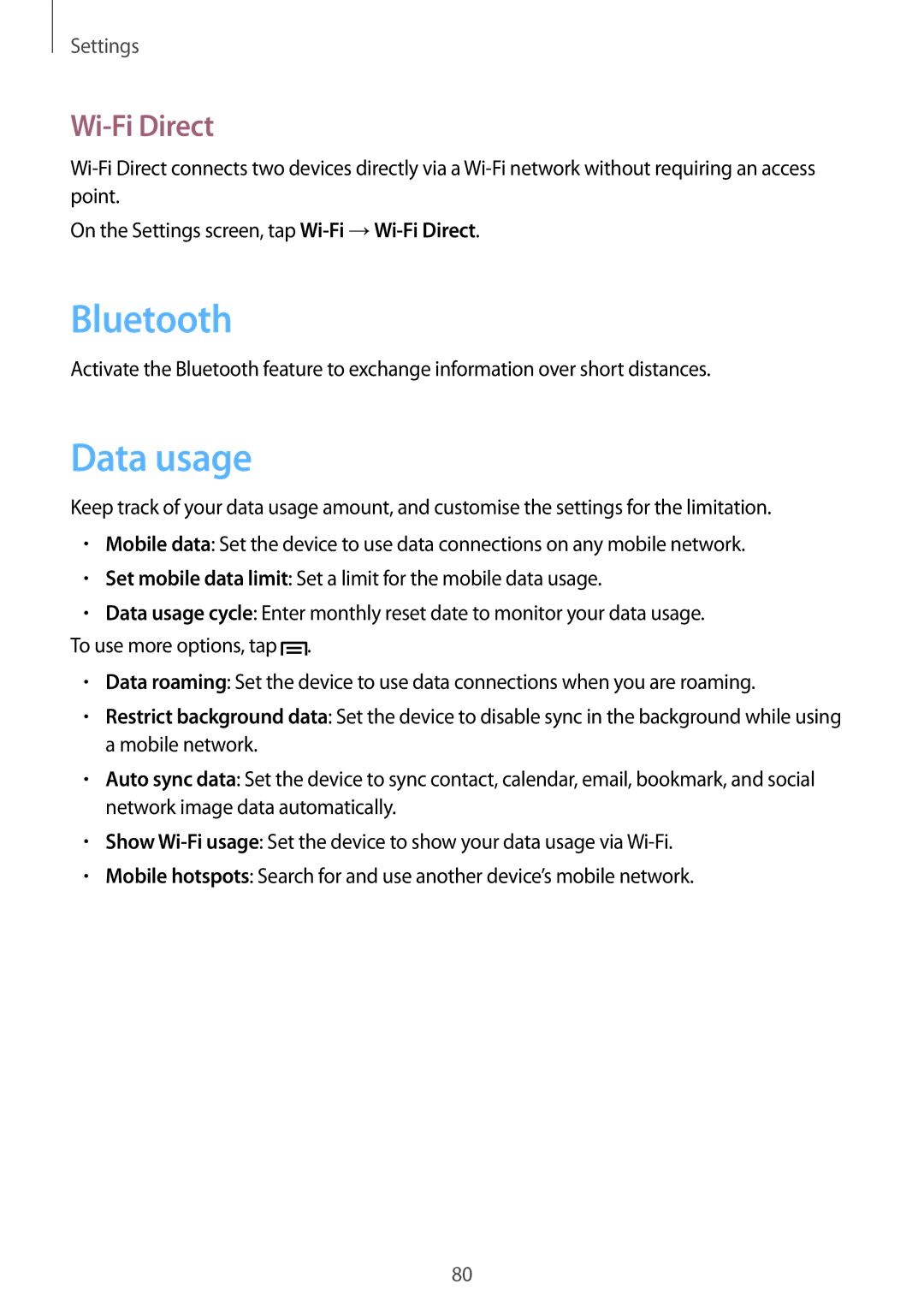 Samsung GT-S5280RWAMEO, GT-S5280LKAITV, GT-S5280RWAMOC, GT-S5280LKATPH, GT-S5280RWADBT manual Data usage, Wi-Fi Direct 