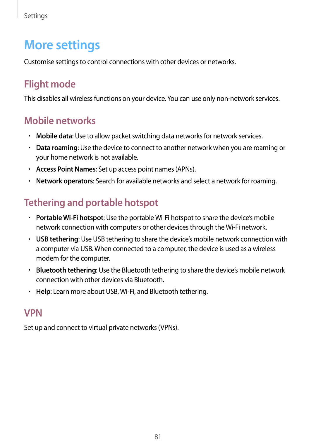 Samsung GT-S5280RWAXEF, GT-S5280LKAITV manual More settings, Flight mode, Mobile networks, Tethering and portable hotspot 