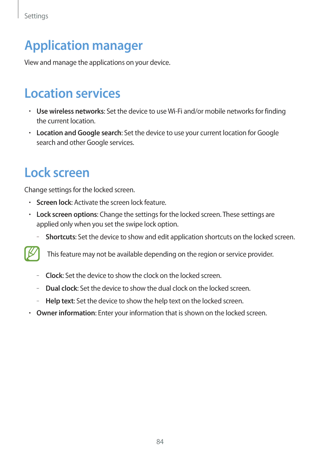 Samsung GT-S5280LKAORX, GT-S5280LKAITV, GT-S5280RWAMOC, GT-S5280LKATPH Application manager, Location services, Lock screen 