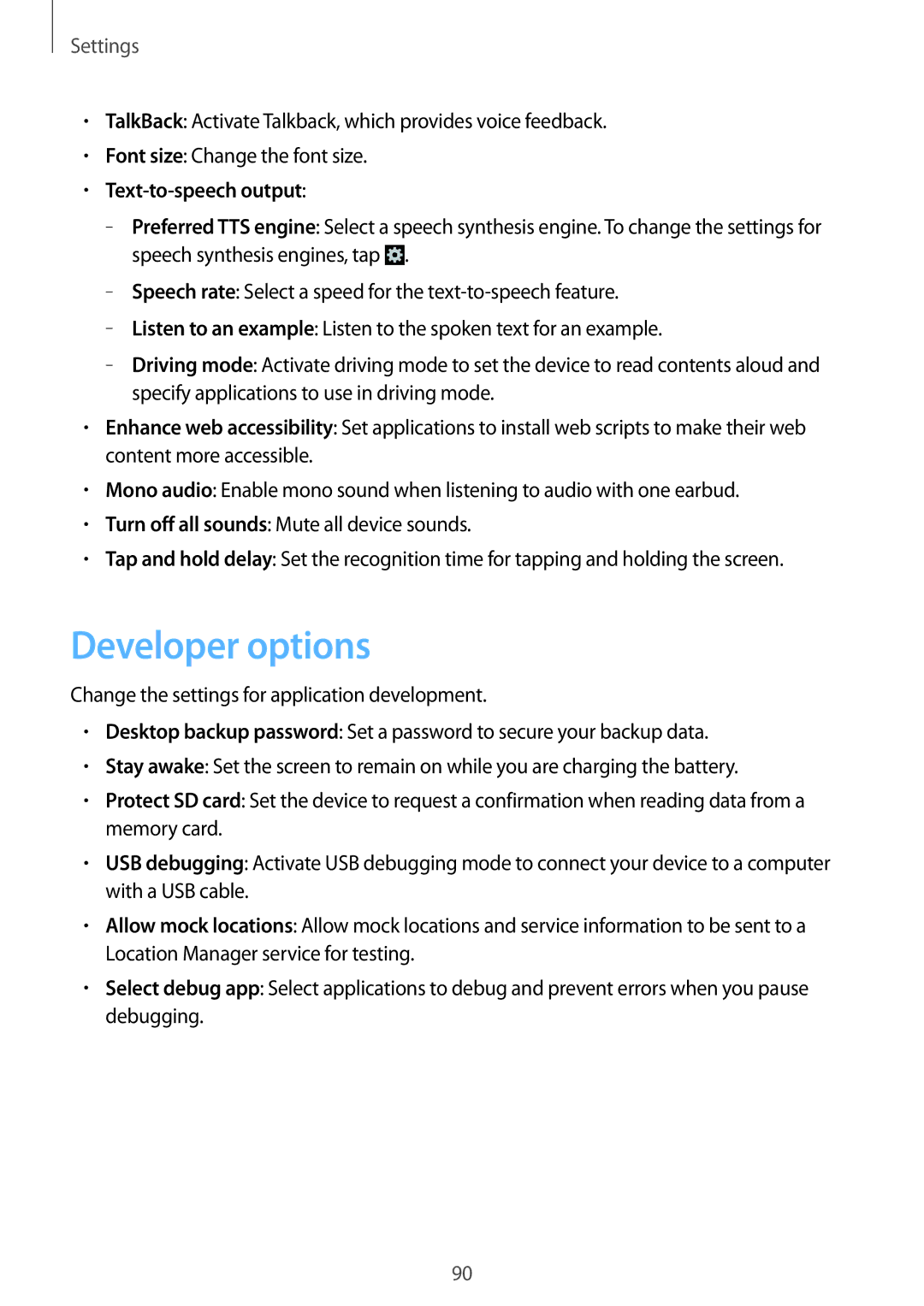 Samsung GT2S5280RWADBT, GT-S5280LKAITV, GT-S5280RWAMOC, GT-S5280LKATPH manual Developer options, Text-to-speech output 