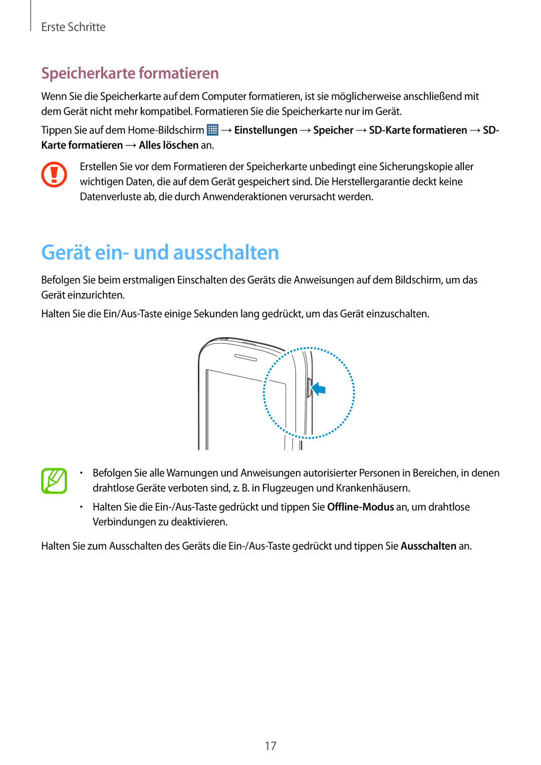 Samsung GT-S5280LKATMN, GT-S5280LKAITV, GT-S5280RWAMOC, GT-S5280LKATPH Gerät ein- und ausschalten, Speicherkarte formatieren 