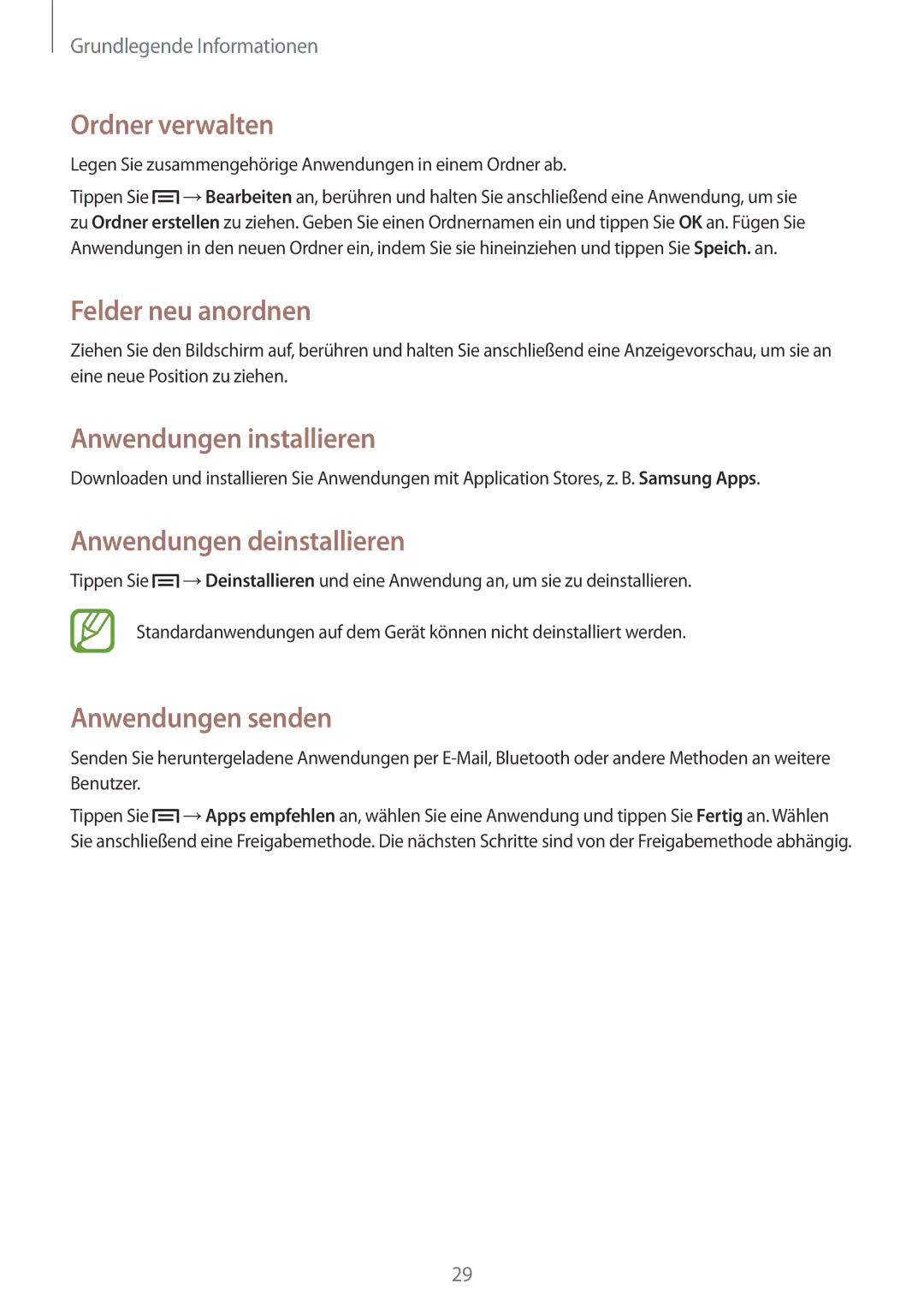 Samsung GT-S5280RWADBT manual Ordner verwalten, Anwendungen installieren, Anwendungen deinstallieren, Anwendungen senden 