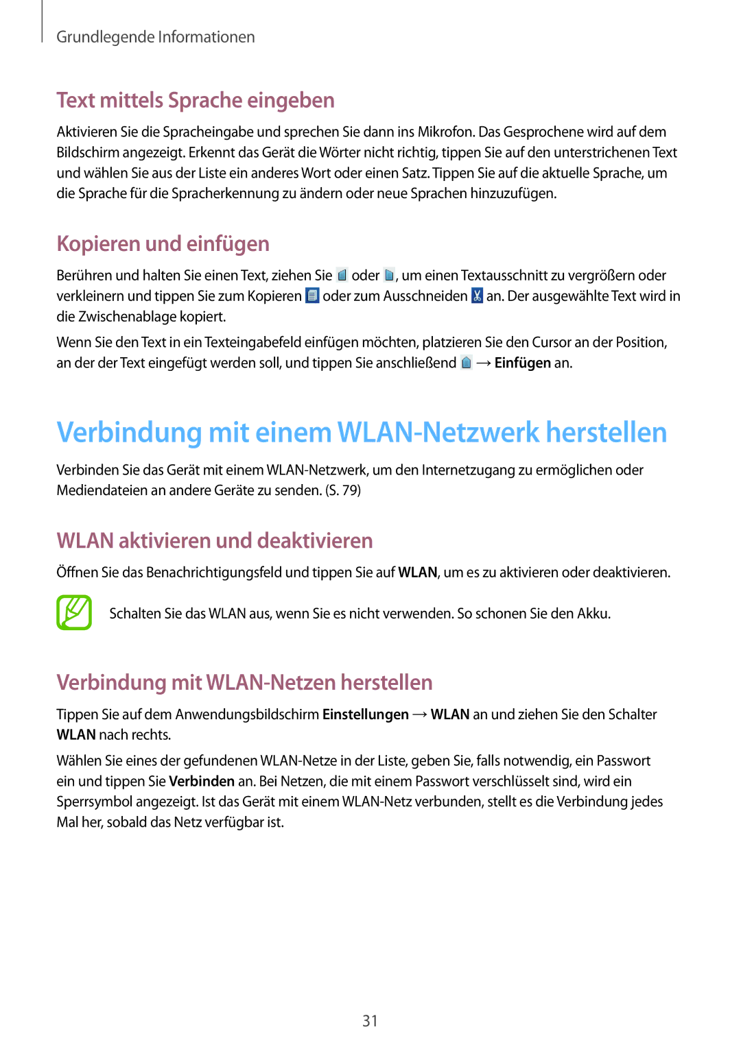 Samsung GT2S5280RWADBT manual Text mittels Sprache eingeben, Kopieren und einfügen, Wlan aktivieren und deaktivieren 
