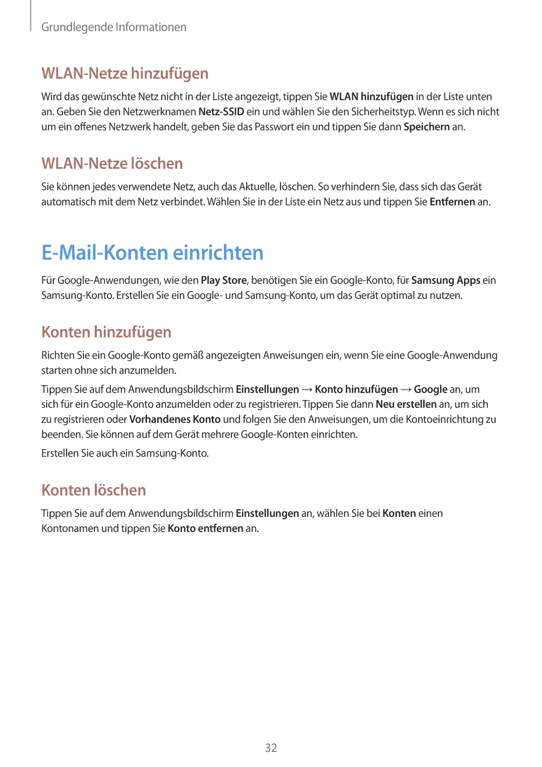 Samsung GT-S5280RWAITV manual Mail-Konten einrichten, WLAN-Netze hinzufügen, WLAN-Netze löschen, Konten hinzufügen 