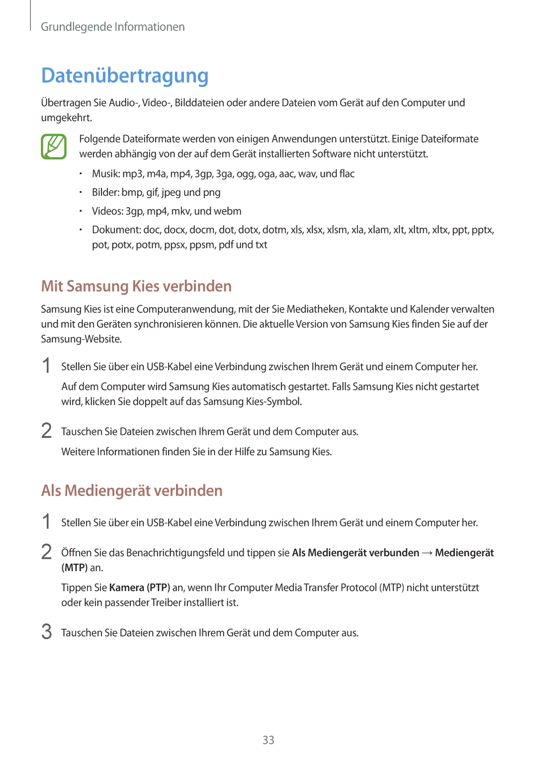 Samsung GT-S5280LKAMOC, GT-S5280LKAITV manual Datenübertragung, Mit Samsung Kies verbinden, Als Mediengerät verbinden 