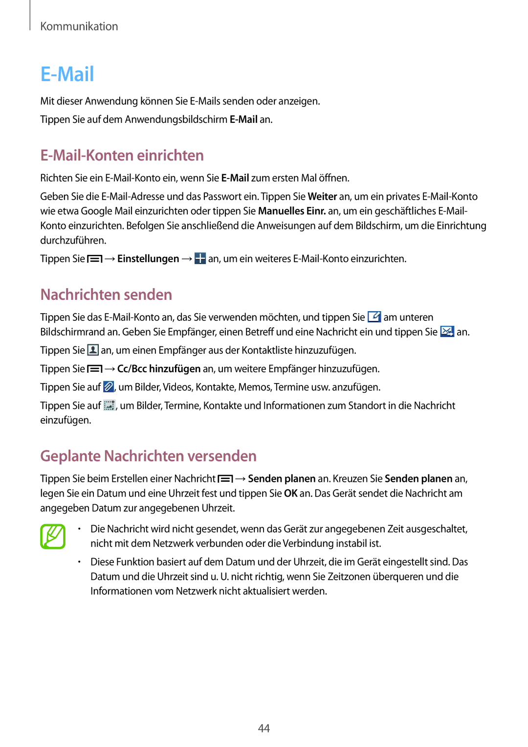 Samsung GT2S5280RWADBT, GT-S5280LKAITV, GT-S5280RWAMOC manual Mail-Konten einrichten, Geplante Nachrichten versenden 