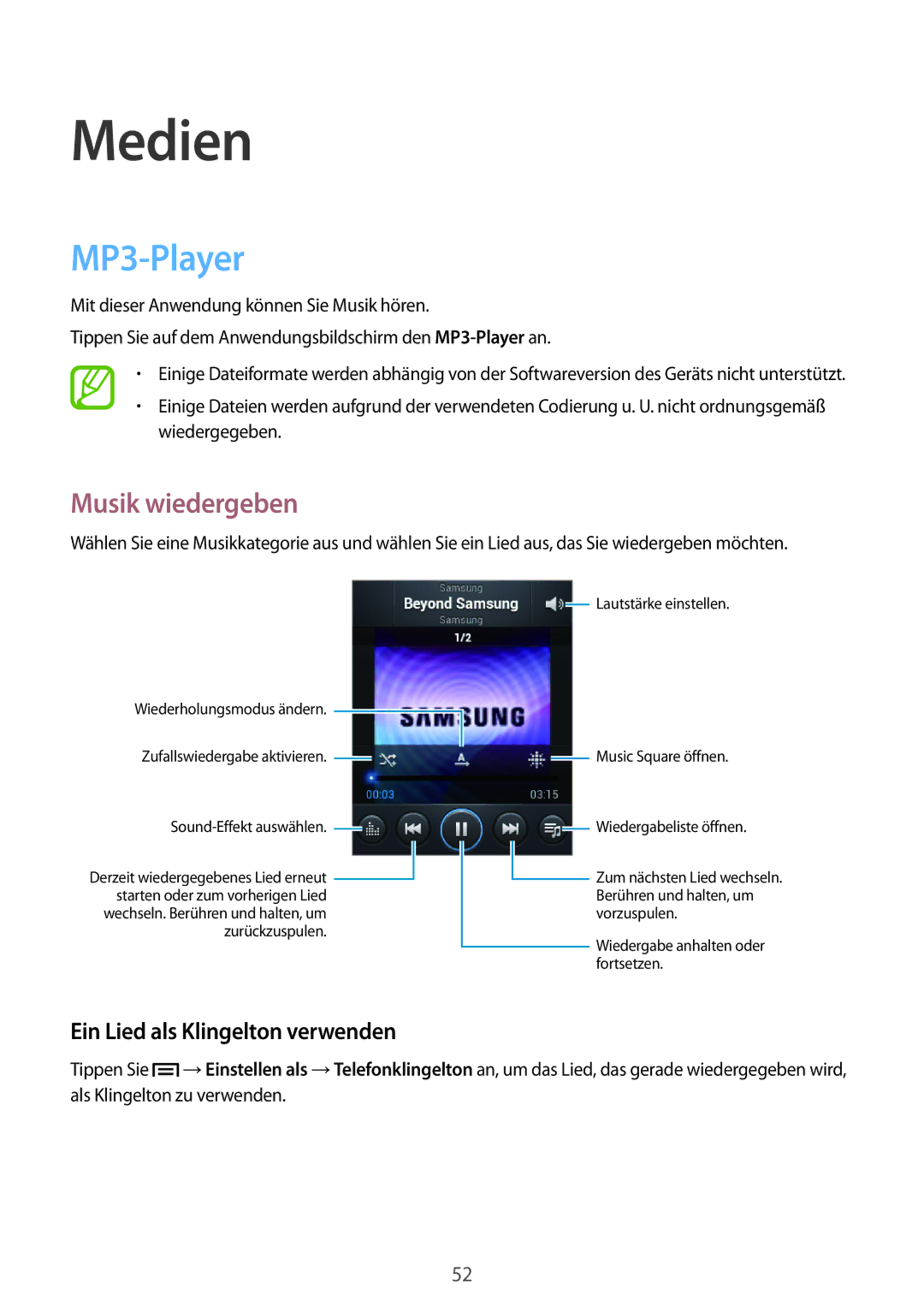 Samsung GT-S5280LKAITV, GT-S5280RWAMOC manual Medien, MP3-Player, Musik wiedergeben, Ein Lied als Klingelton verwenden 