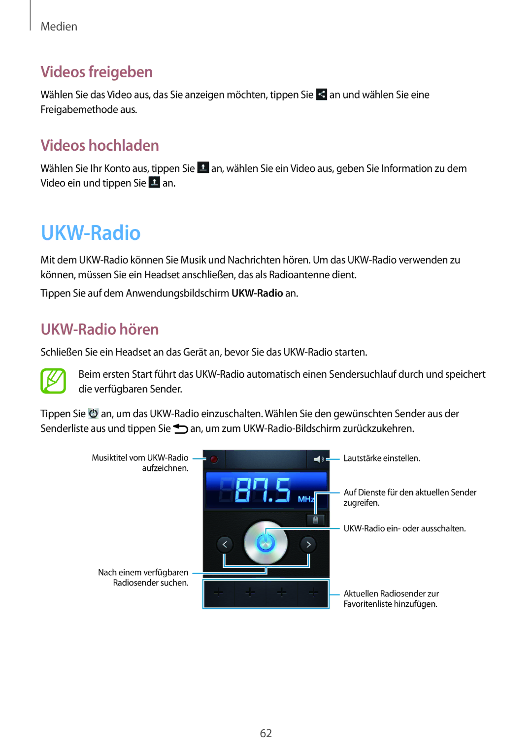 Samsung GT2S5280LKADBT, GT-S5280LKAITV, GT-S5280RWAMOC, GT-S5280LKATPH, GT-S5280RWADBT Videos hochladen, UKW-Radio hören 