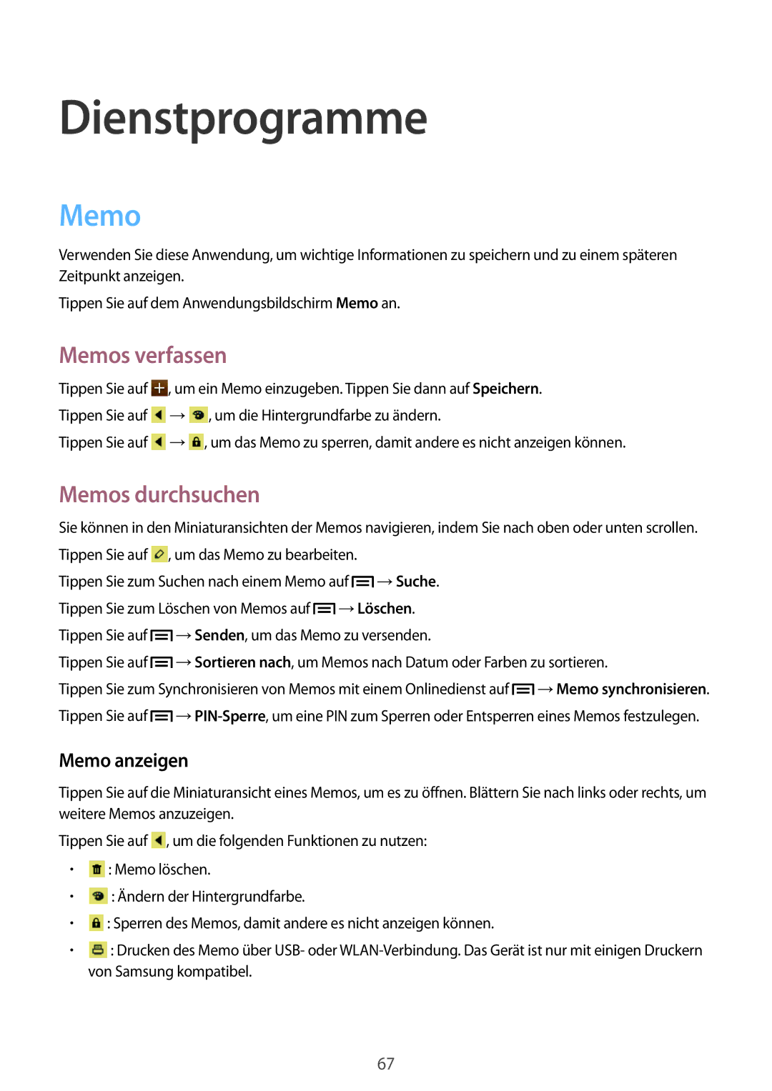 Samsung GT-S5280LKATPH, GT-S5280LKAITV, GT-S5280RWAMOC manual Dienstprogramme, Memos verfassen, Memos durchsuchen 