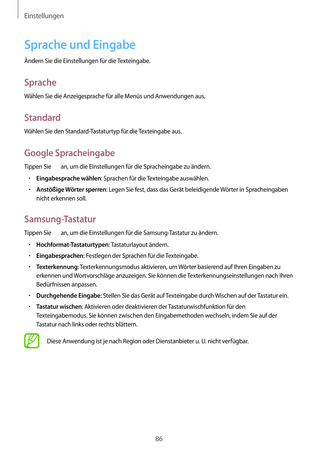 Samsung GT-S5280LKAMEO, GT-S5280LKAITV manual Sprache und Eingabe, Standard, Google Spracheingabe, Samsung-Tastatur 