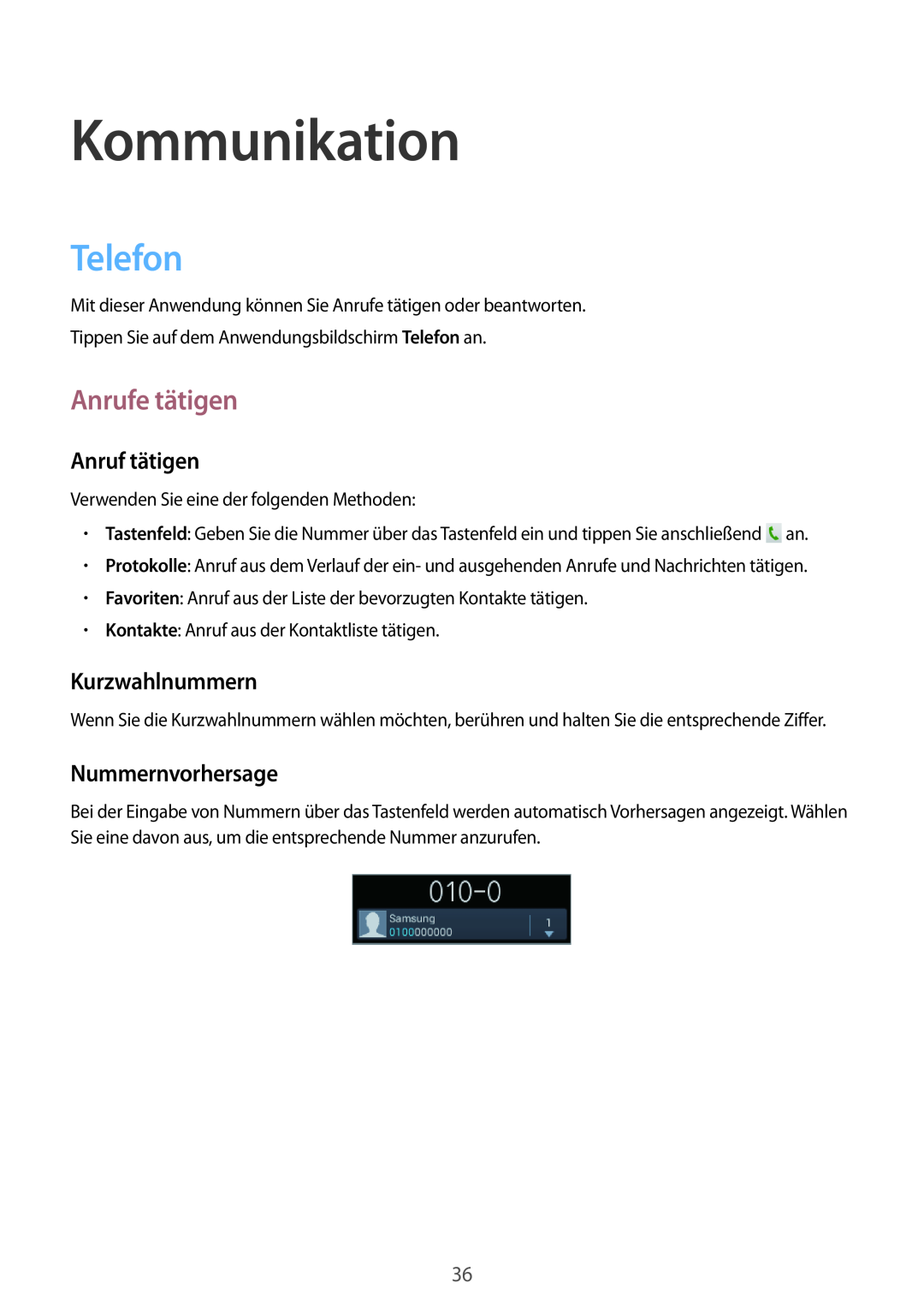 Samsung GT2S5280LKADBT manual Kommunikation, Telefon, Anrufe tätigen, Anruf tätigen, Kurzwahlnummern, Nummernvorhersage 