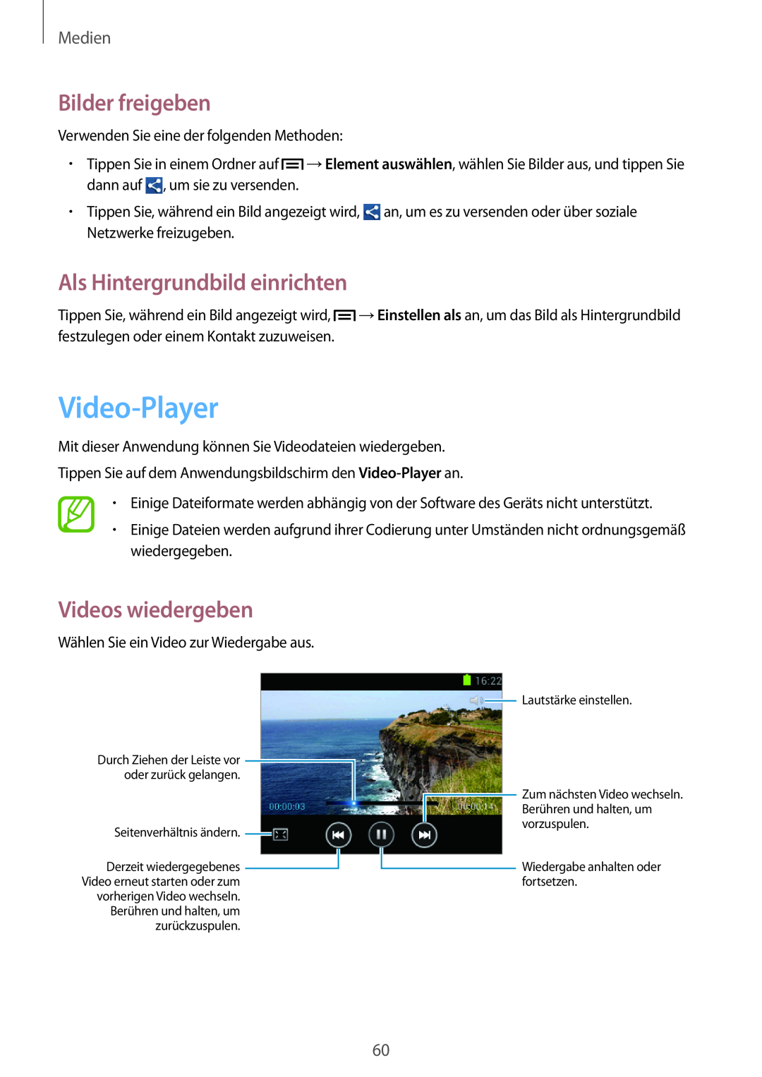 Samsung GT-S5280LKAMEO manual Video-Player, Bilder freigeben, Als Hintergrundbild einrichten, Videos wiedergeben, Medien 