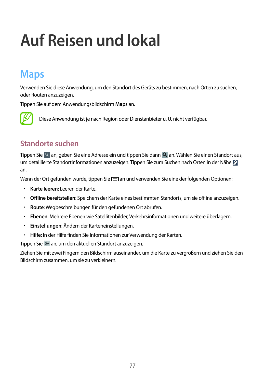 Samsung GT-S5280RWAMEO, GT-S5280LKAITV, GT-S5280RWAMOC, GT-S5280LKATPH manual Auf Reisen und lokal, Maps, Standorte suchen 