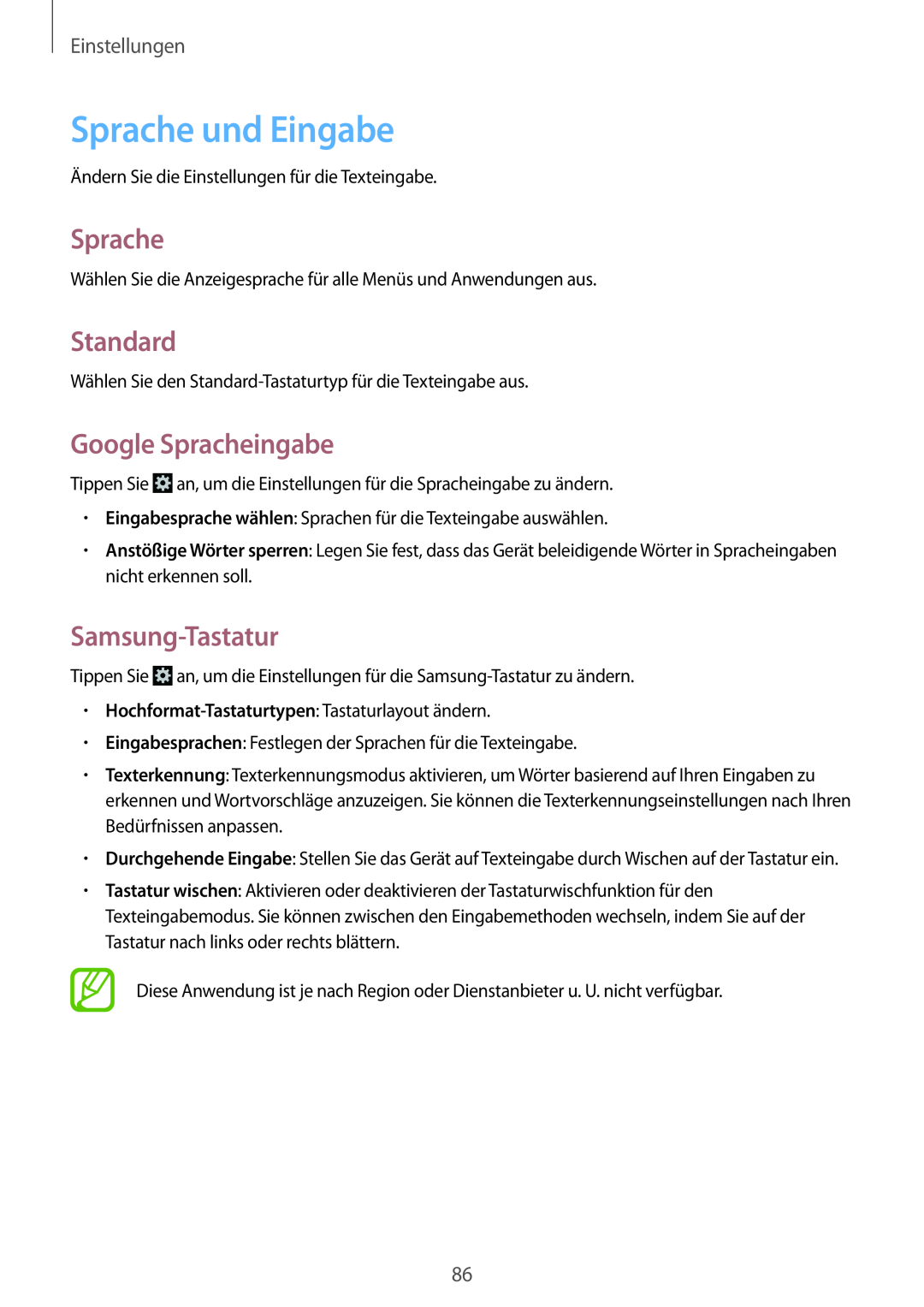 Samsung GT-S5280LKAMEO manual Sprache und Eingabe, Standard, Google Spracheingabe, Samsung-Tastatur, Einstellungen 