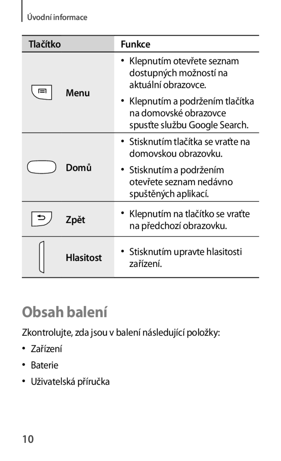 Samsung GT-S5280RWAORX manual Obsah balení, TlačítkoFunkce Menu Domů Zpět Hlasitost, Stisknutím upravte hlasitosti zařízení 