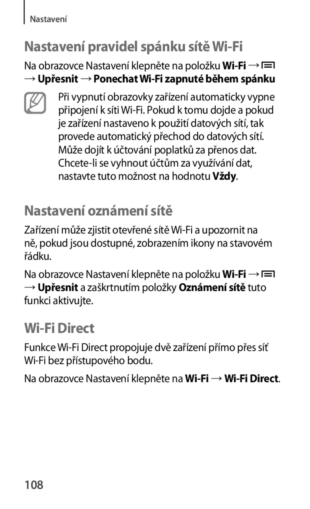 Samsung GT-S5280RWAORX, GT-S5280LKAORX Nastavení pravidel spánku sítě Wi-Fi, Nastavení oznámení sítě, Wi-Fi Direct, 108 