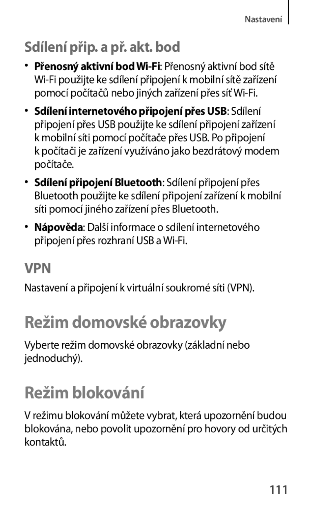 Samsung GT-S5280LKAORX, GT-S5280RWAORX manual Režim domovské obrazovky, Režim blokování, Sdílení přip. a př. akt. bod, 111 