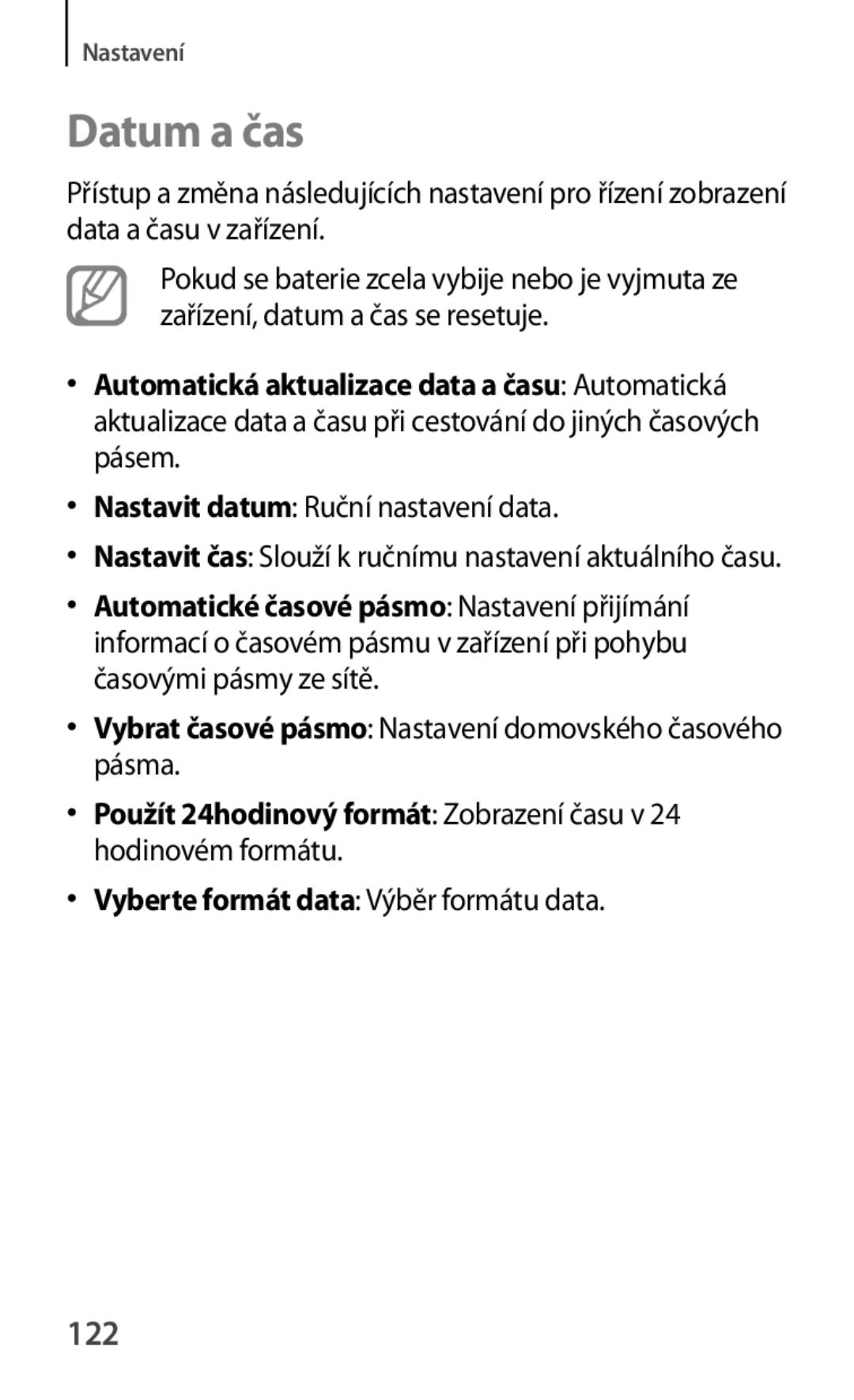 Samsung GT-S5280RWAORX, GT-S5280LKAORX manual Datum a čas, 122, Vyberte formát data Výběr formátu data 